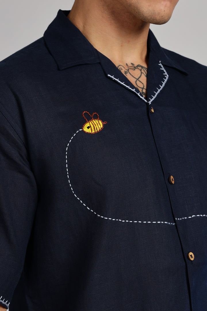 Bee & Bloom Embroidered Linen Shirt - Navy Blue - 100% Pure Handcrafted Linen - Trending Men's Fashion | CraftedLinen