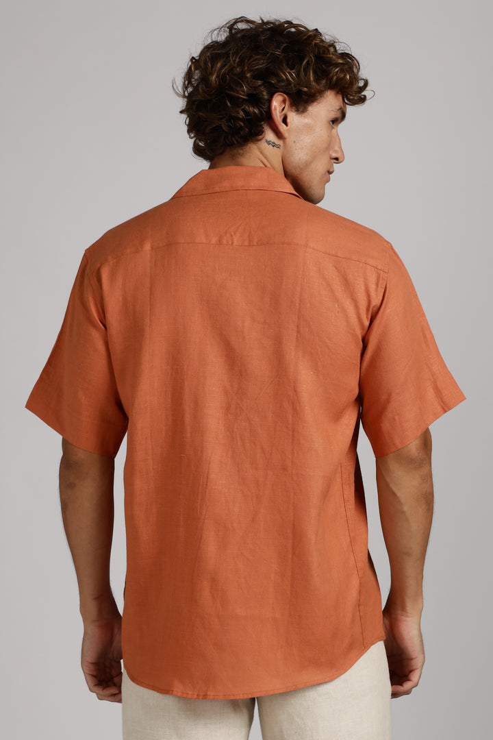 Terracotta Orange Linen Shirt for Men - Pure 100% Linen - Casual Summer Wear - Handcrafted in India | CraftedLinen