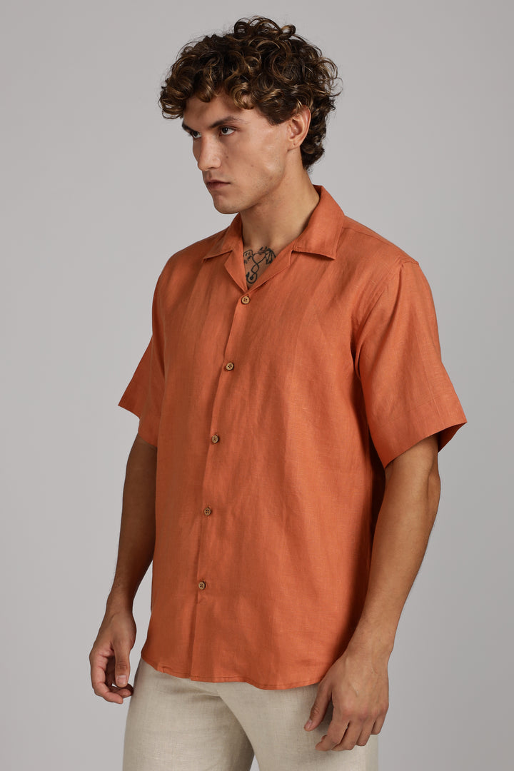 Terracotta Orange Linen Shirt for Men - Pure 100% Linen - Casual Summer Wear - Handcrafted in India | CraftedLinen