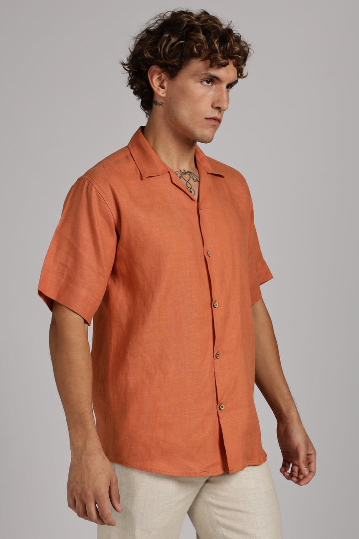 Terracotta Orange Linen Shirt for Men - Pure 100% Linen - Casual Summer Wear - Handcrafted in India | CraftedLinen