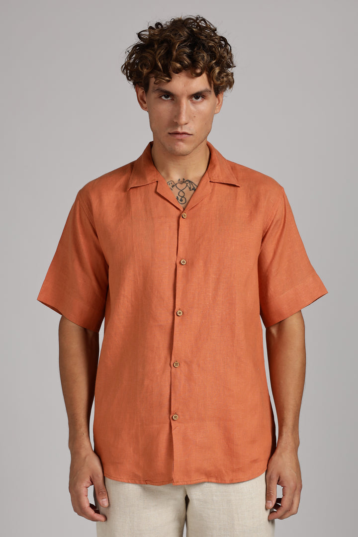 Terracotta Orange Linen Shirt for Men - Pure 100% Linen - Casual Summer Wear - Handcrafted in India | CraftedLinen