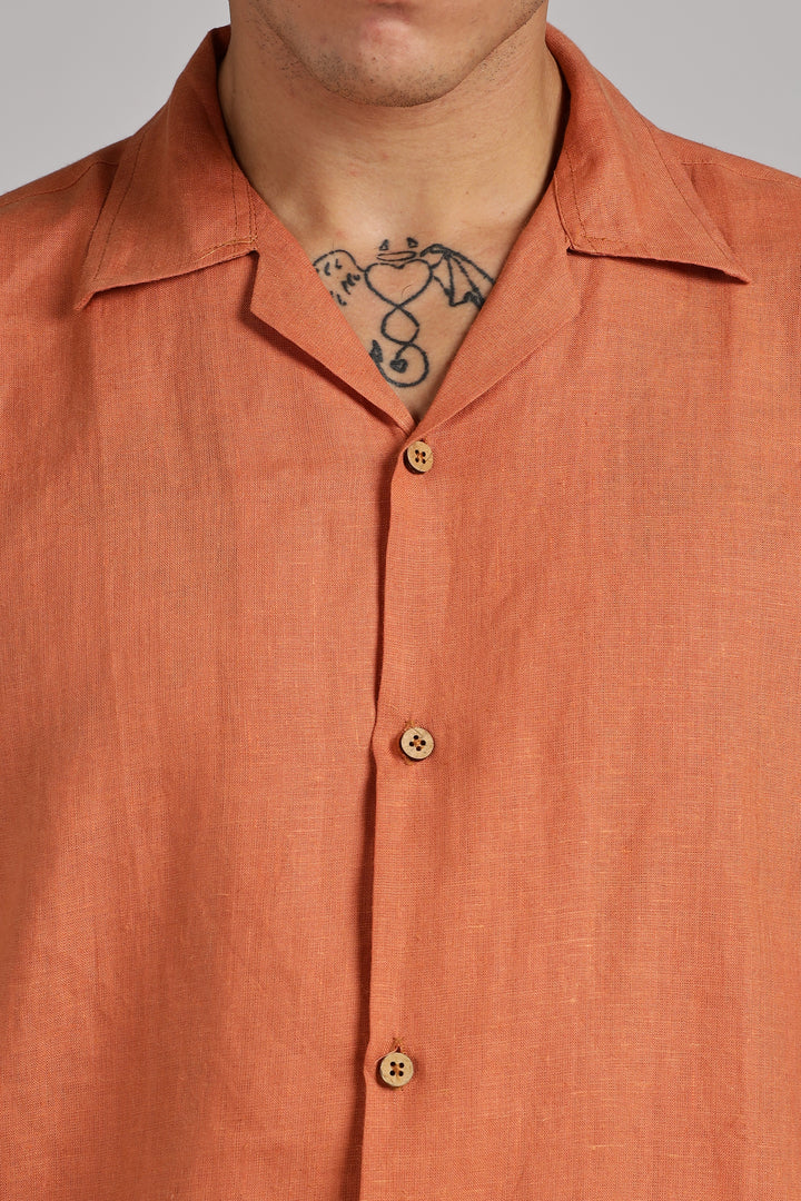 Terracotta Orange Linen Shirt for Men - Pure 100% Linen - Casual Summer Wear - Handcrafted in India | CraftedLinen