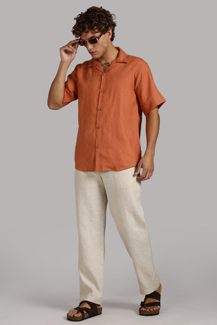 Terracotta Orange Linen Shirt for Men - Pure 100% Linen - Casual Summer Wear - Handcrafted in India | CraftedLinen