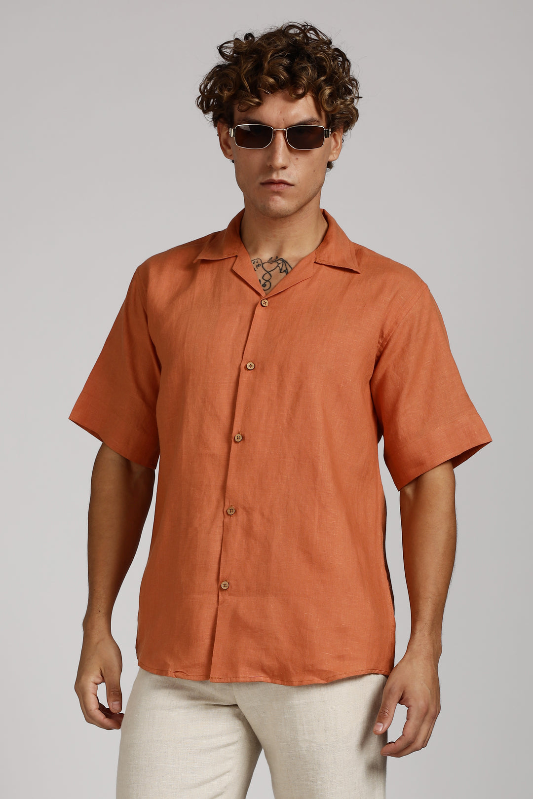 Terracotta Orange Linen Shirt for Men - Pure 100% Linen - Casual Summer Wear - Handcrafted in India | CraftedLinen