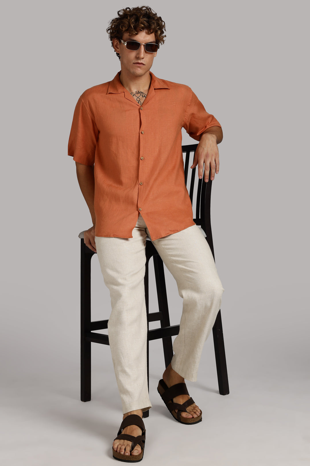 Terracotta Orange Linen Shirt for Men - Pure 100% Linen - Casual Summer Wear - Handcrafted in India | CraftedLinen