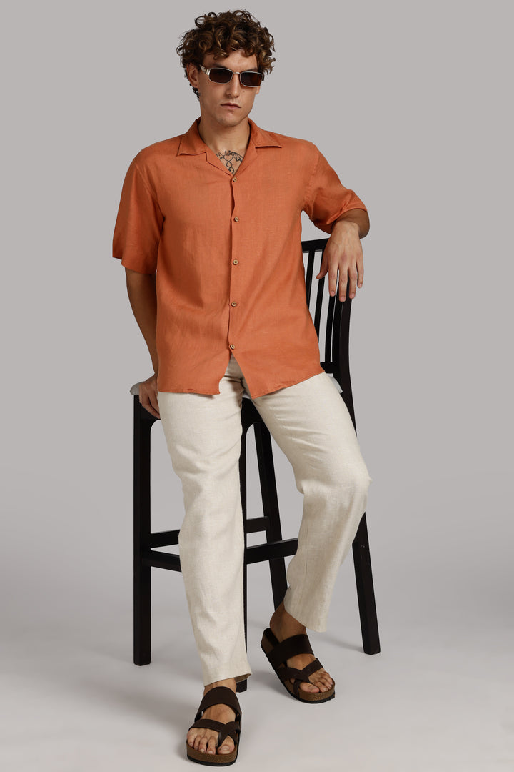 Terracotta Orange Linen Shirt for Men - Pure 100% Linen - Casual Summer Wear - Handcrafted in India | CraftedLinen