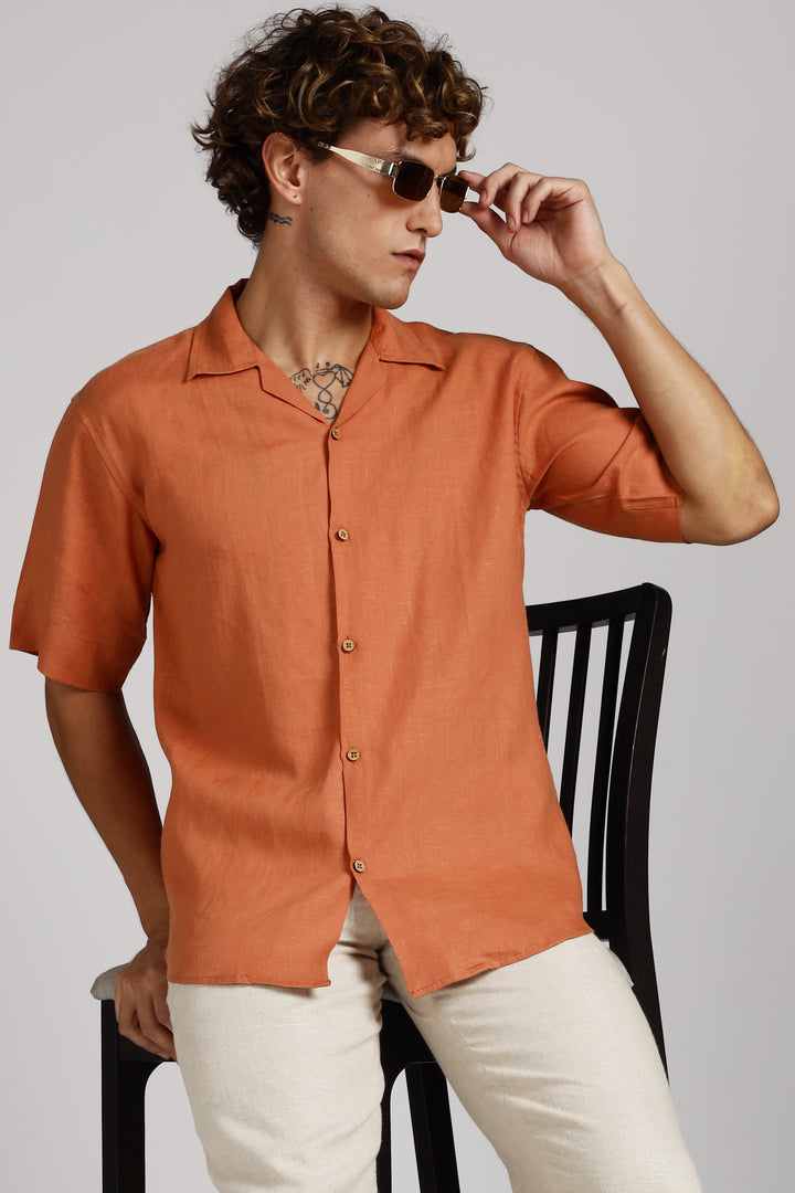 Terracotta Orange Linen Shirt for Men - Pure 100% Linen - Casual Summer Wear - Handcrafted in India | CraftedLinen