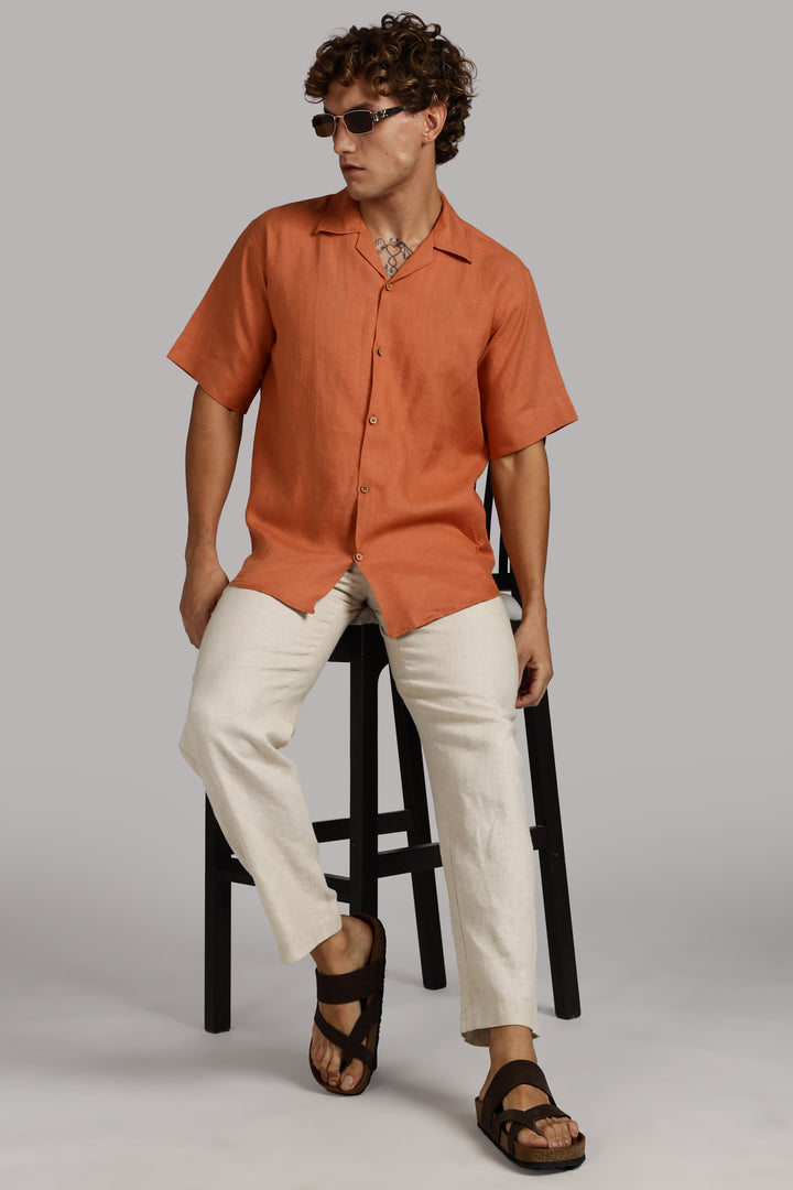 Terracotta Orange Linen Shirt for Men - Pure 100% Linen - Casual Summer Wear - Handcrafted in India | CraftedLinen