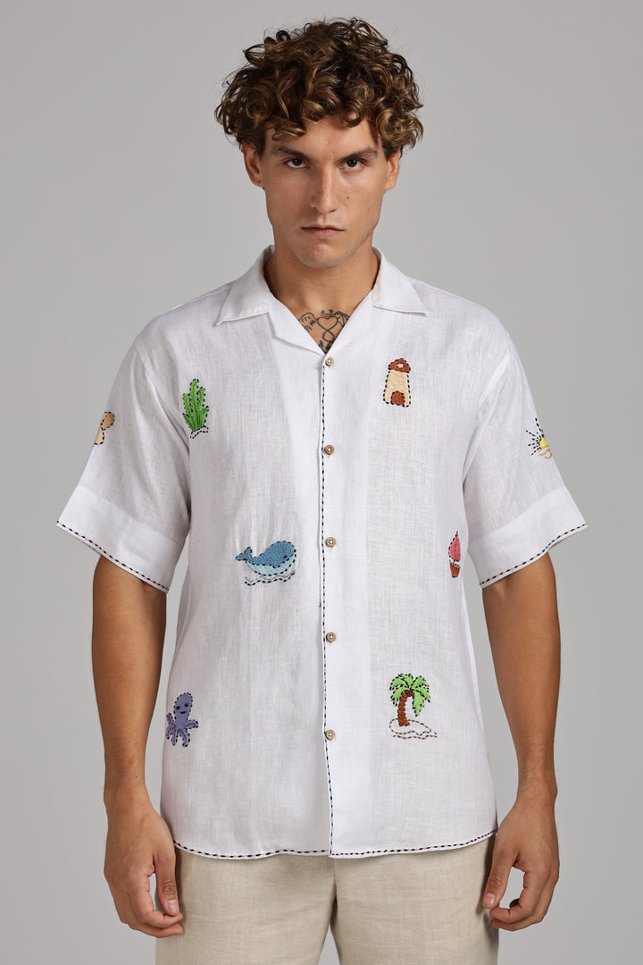 Handwork White Linen Shirt – Beach Vibe Embroidery – Made from Premium Pure Linen – Men's Trending Fashion | CraftedLinen