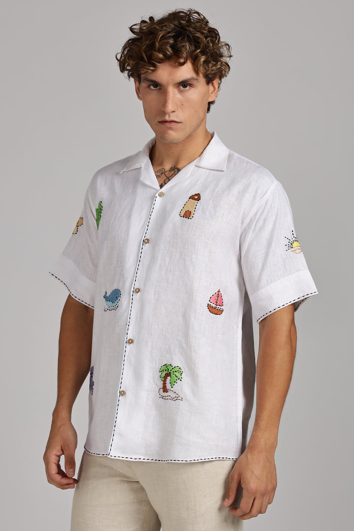 Handwork White Linen Shirt – Beach Vibe Embroidery – Made from Premium Pure Linen – Men's Trending Fashion | CraftedLinen
