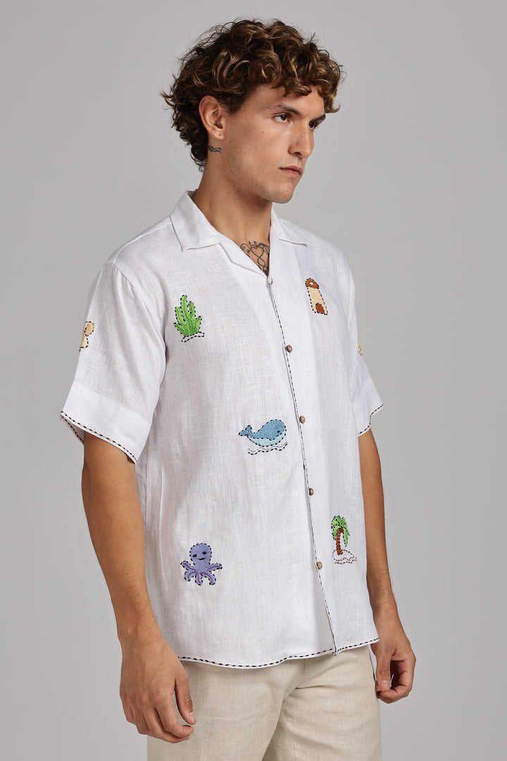 Handwork White Linen Shirt – Beach Vibe Embroidery – Made from Premium Pure Linen – Men's Trending Fashion | CraftedLinen