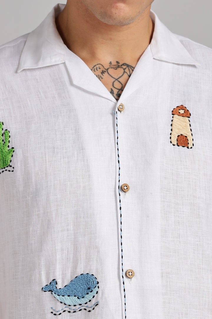 Handwork White Linen Shirt – Beach Vibe Embroidery – Made from Premium Pure Linen – Men's Trending Fashion | CraftedLinen