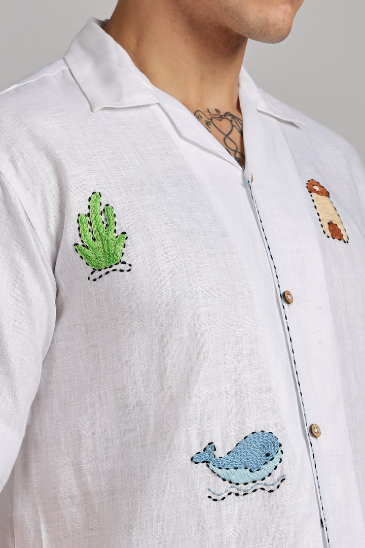 Handwork White Linen Shirt – Beach Vibe Embroidery – Made from Premium Pure Linen – Men's Trending Fashion | CraftedLinen