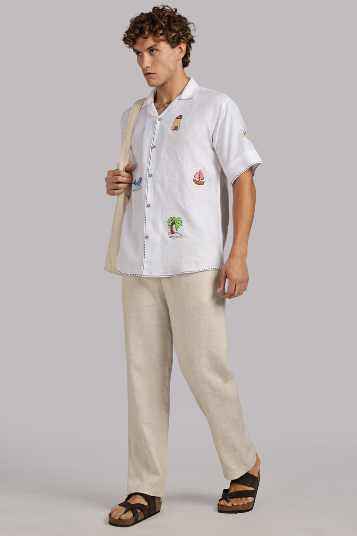 Handwork White Linen Shirt – Beach Vibe Embroidery – Made from Premium Pure Linen – Men's Trending Fashion | CraftedLinen