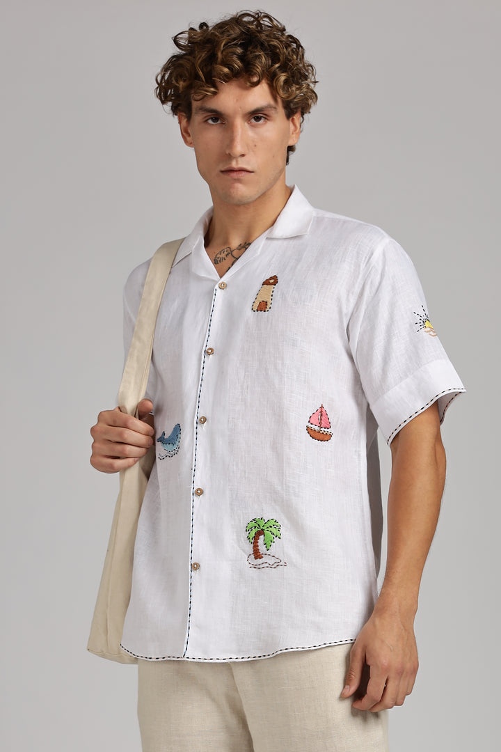 Handwork White Linen Shirt – Beach Vibe Embroidery – Made from Premium Pure Linen – Men's Trending Fashion | CraftedLinen