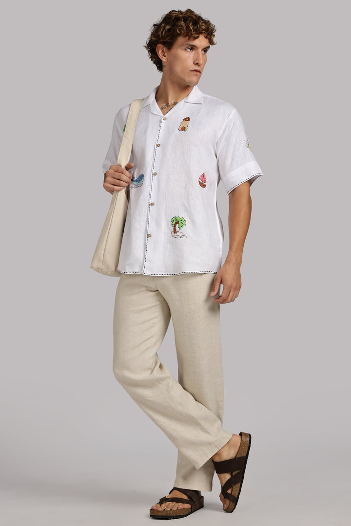 Handwork White Linen Shirt – Beach Vibe Embroidery – Made from Premium Pure Linen – Men's Trending Fashion | CraftedLinen