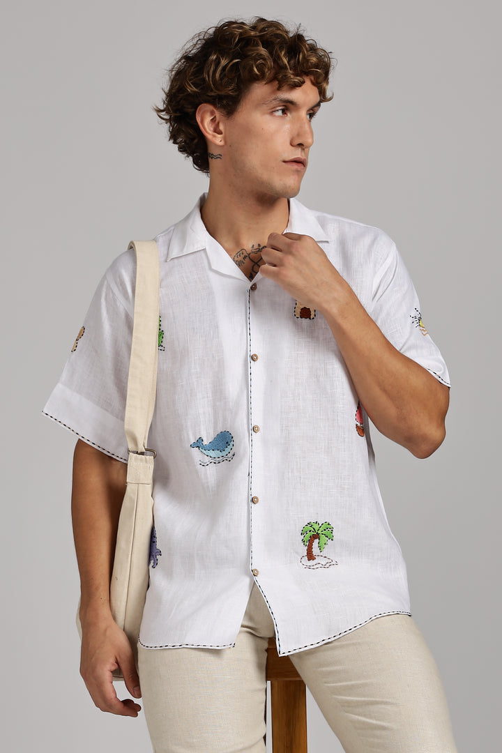 Handwork White Linen Shirt – Beach Vibe Embroidery – Made from Premium Pure Linen – Men's Trending Fashion | CraftedLinen