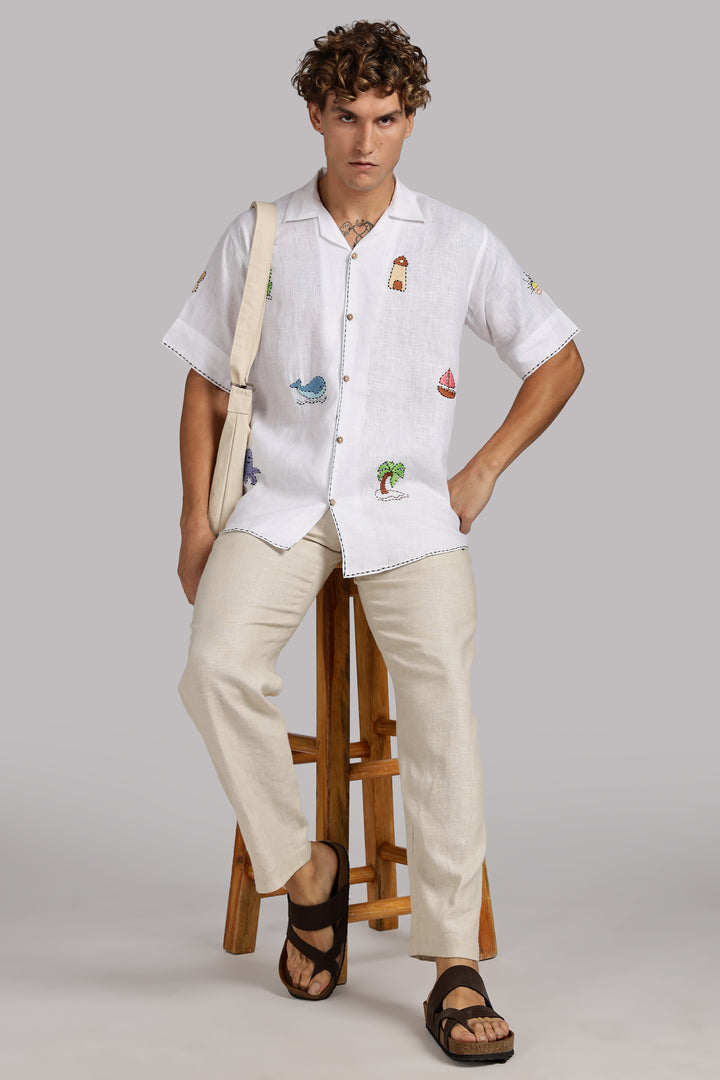 Handwork White Linen Shirt – Beach Vibe Embroidery – Made from Premium Pure Linen – Men's Trending Fashion | CraftedLinen