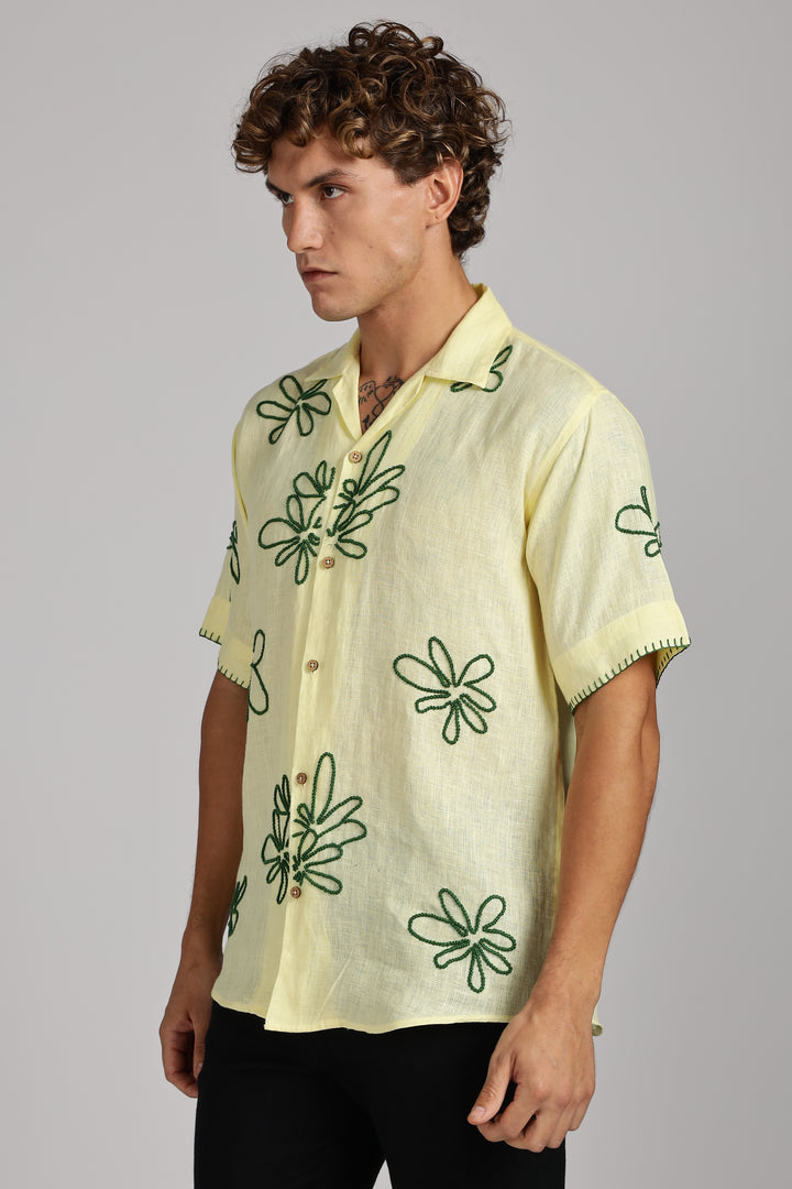 Handwork Yellow Linen Shirt – Green Floral Line Embroidery – 100% Pure Linen – Men's Summer Fashion | CraftedLinen