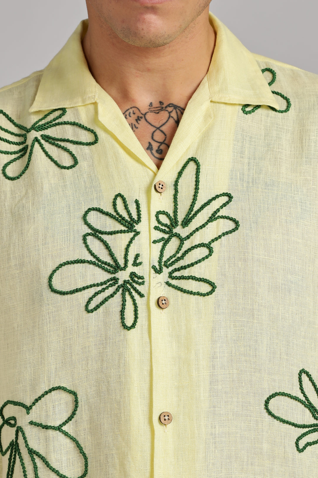 Handwork Yellow Linen Shirt – Green Floral Line Embroidery – 100% Pure Linen – Men's Summer Fashion | CraftedLinen