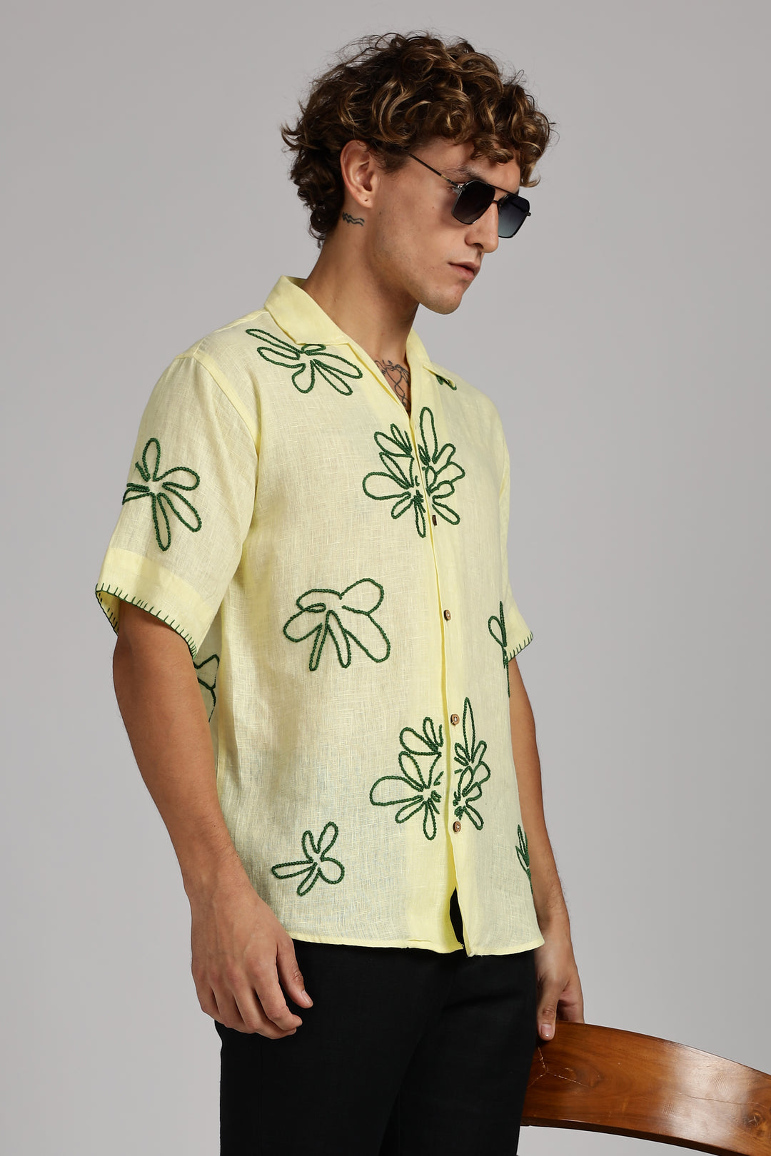 Handwork Yellow Linen Shirt – Green Floral Line Embroidery – 100% Pure Linen – Men's Summer Fashion | CraftedLinen