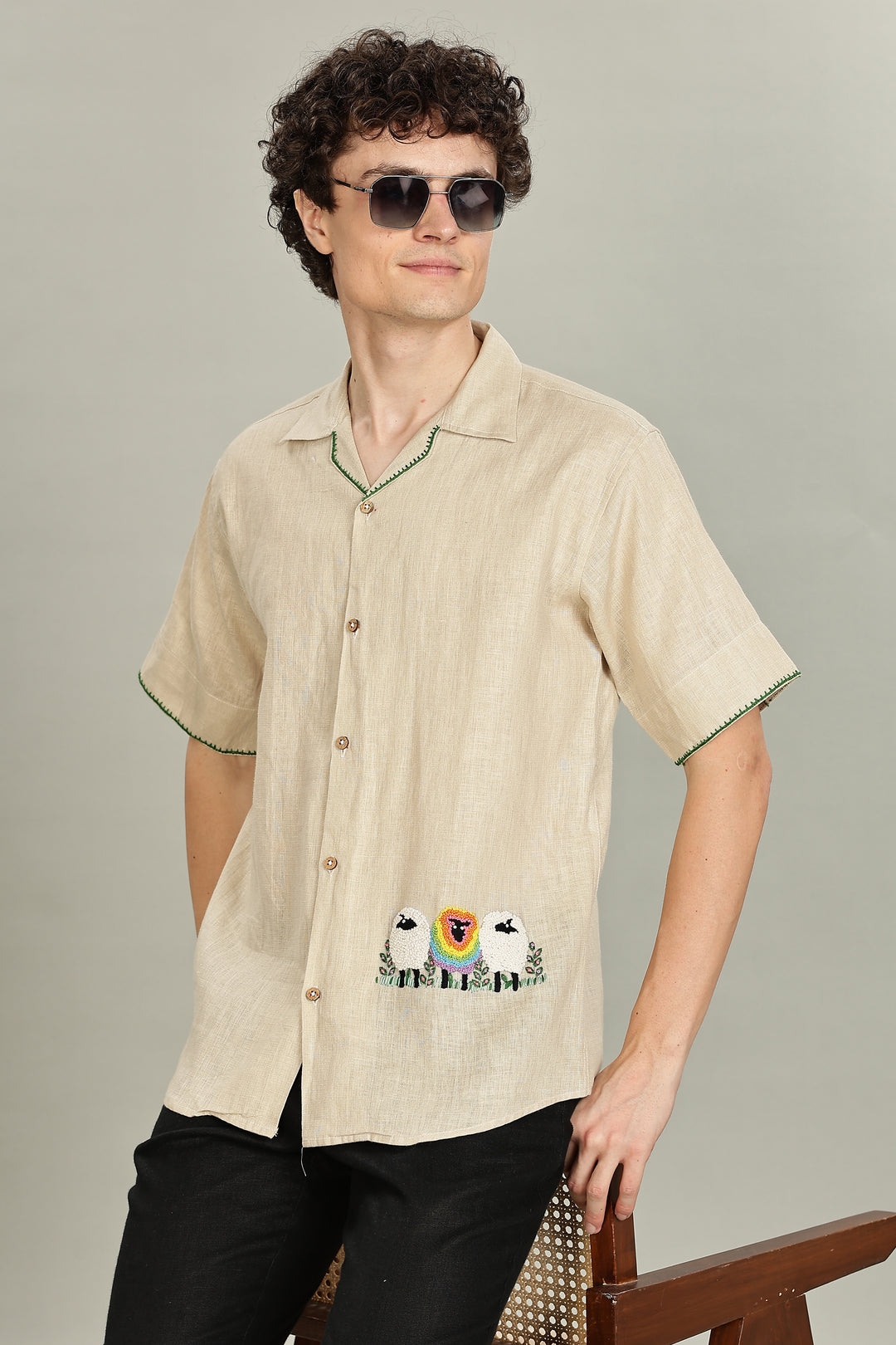 Rainbow Sheep Linen Shirt – Unique Hand Embroidery – 100% Pure Linen – Summer Style – Trending Men’s Fashion 2025 | CraftedLinen