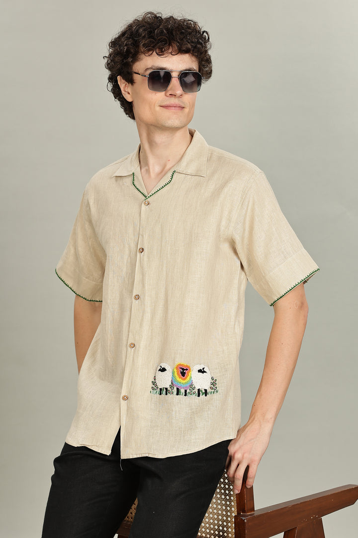 Rainbow Sheep Linen Shirt – Unique Hand Embroidery – 100% Pure Linen – Summer Style – Trending Men’s Fashion 2025 | CraftedLinen