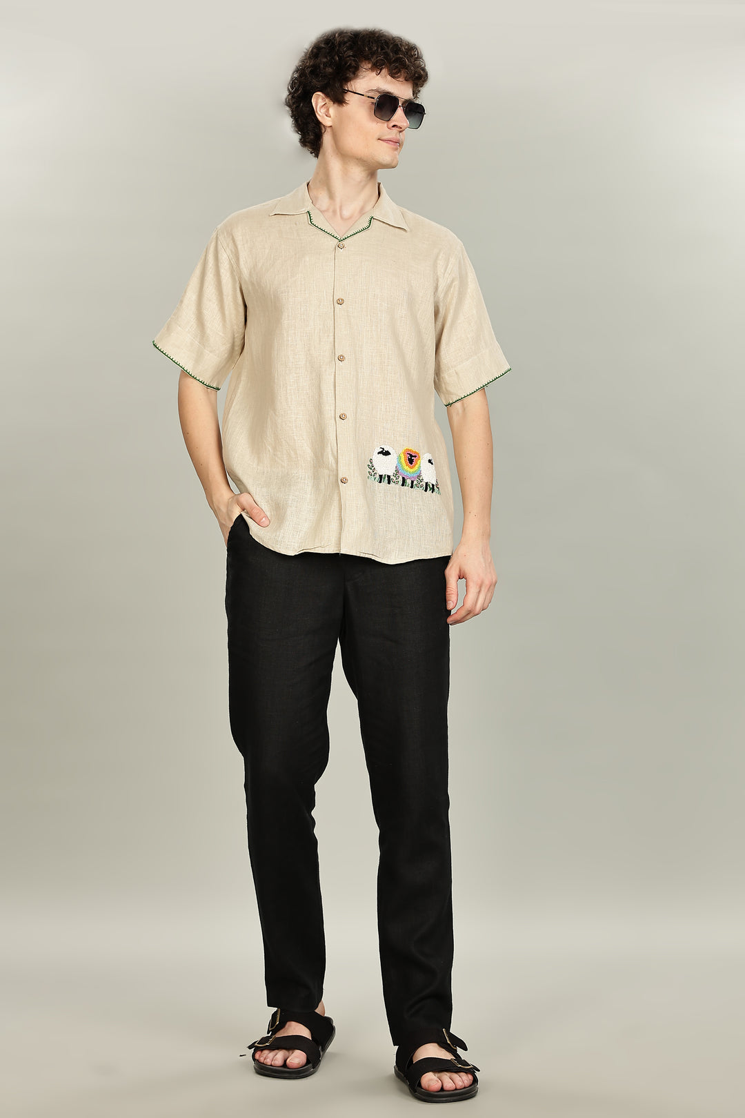 Rainbow Sheep Linen Shirt – Unique Hand Embroidery – 100% Pure Linen – Summer Style – Trending Men’s Fashion 2025 | CraftedLinen