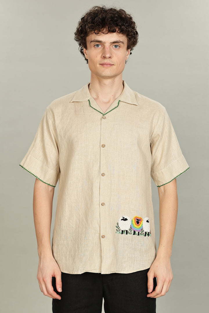 Rainbow Sheep Linen Shirt – Unique Hand Embroidery – 100% Pure Linen – Summer Style – Trending Men’s Fashion 2025 | CraftedLinen