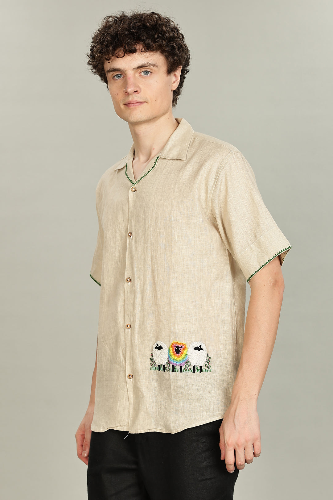 Rainbow Sheep Linen Shirt – Unique Hand Embroidery – 100% Pure Linen – Summer Style – Trending Men’s Fashion 2025 | CraftedLinen