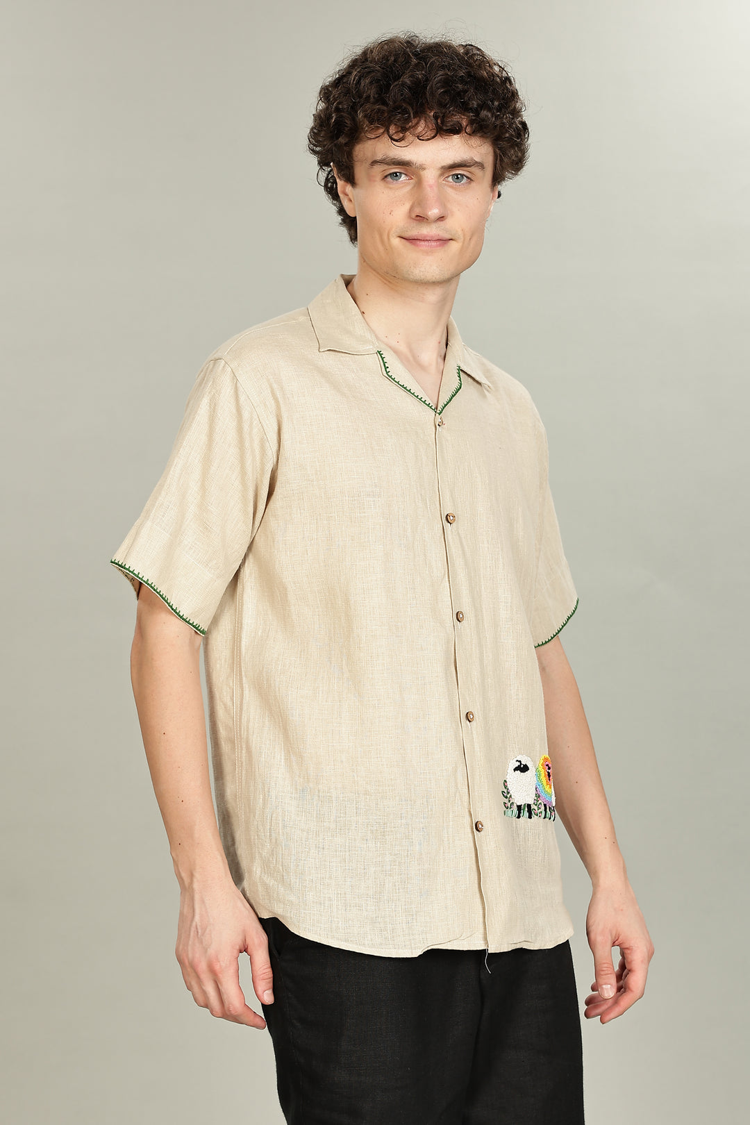 Rainbow Sheep Linen Shirt – Unique Hand Embroidery – 100% Pure Linen – Summer Style – Trending Men’s Fashion 2025 | CraftedLinen