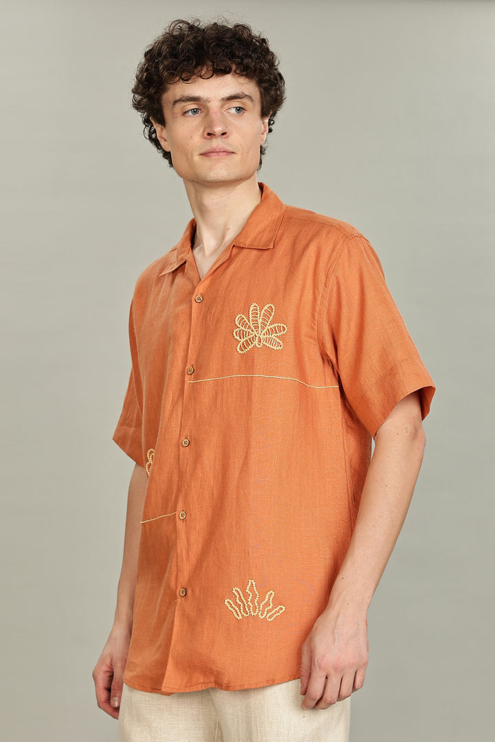 Terracotta Bloom Linen Shirt – 100% Pure Linen | Floral Hand Embroidery | Men’s Summer Fashion