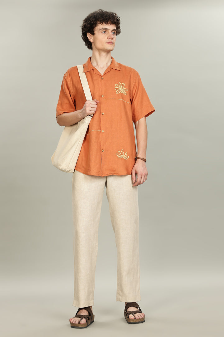Terracotta Bloom Linen Shirt – 100% Pure Linen | Floral Hand Embroidery | Men’s Summer Fashion
