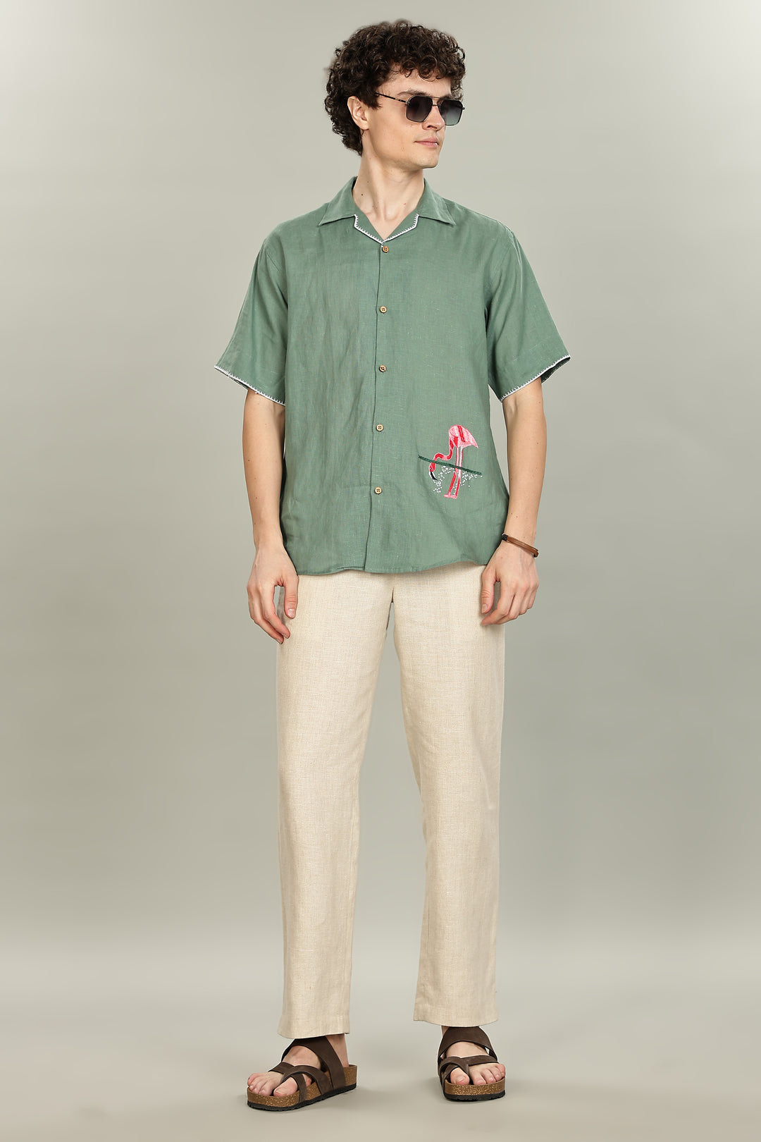 Handwork Green Linen Shirt - Pink Flamingo Embroidery - 100% Pure Linen - Men's Trending Fashion | CraftedLinen