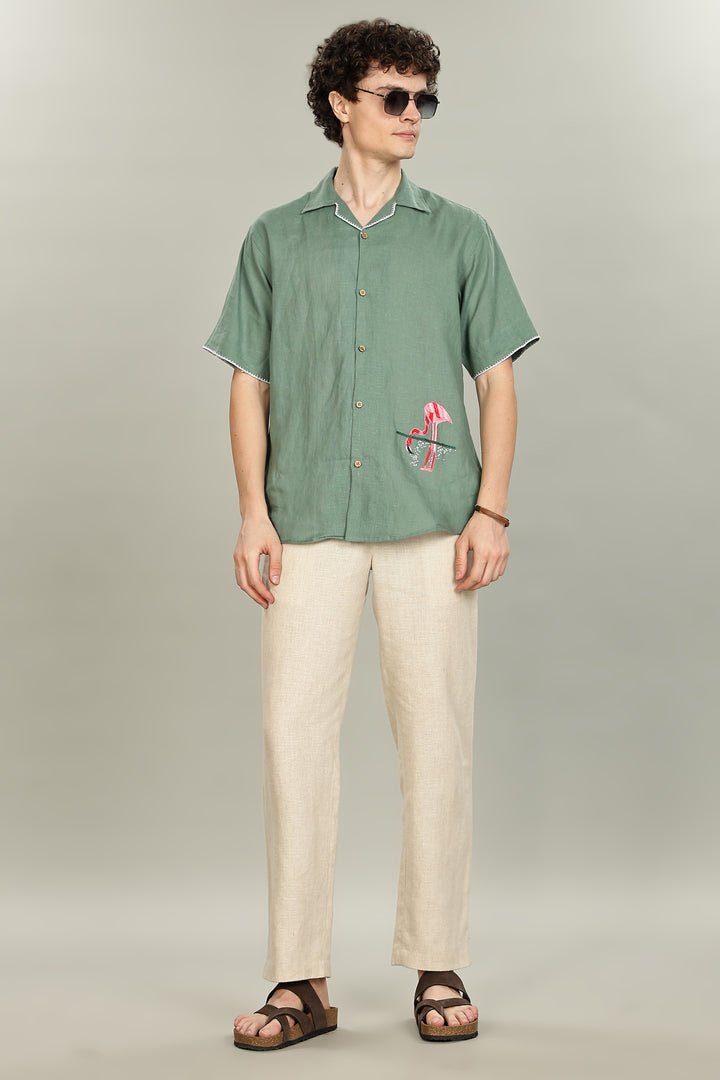 Handwork Green Linen Shirt - Pink Flamingo Embroidery - 100% Pure Linen - Men's Trending Fashion | CraftedLinen