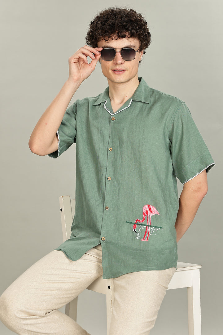 Handwork Green Linen Shirt - Pink Flamingo Embroidery - 100% Pure Linen - Men's Trending Fashion | CraftedLinen