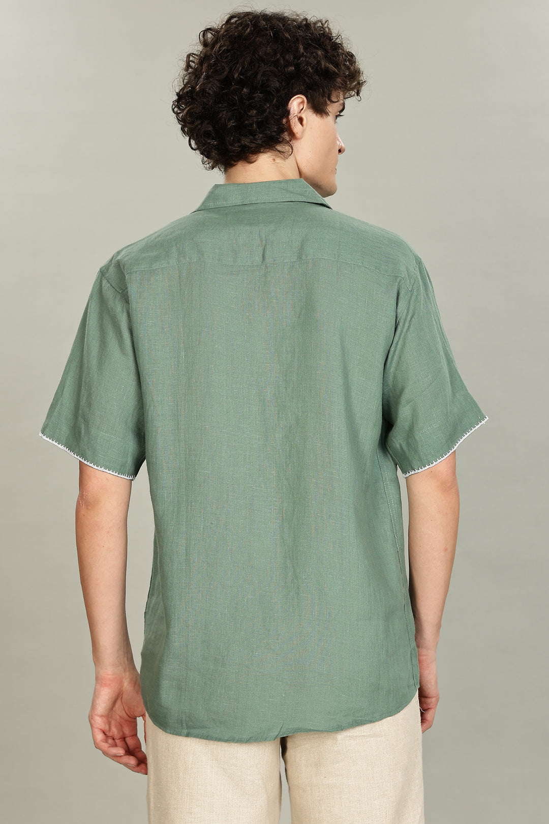 Handwork Green Linen Shirt - Pink Flamingo Embroidery - 100% Pure Linen - Men's Trending Fashion | CraftedLinen