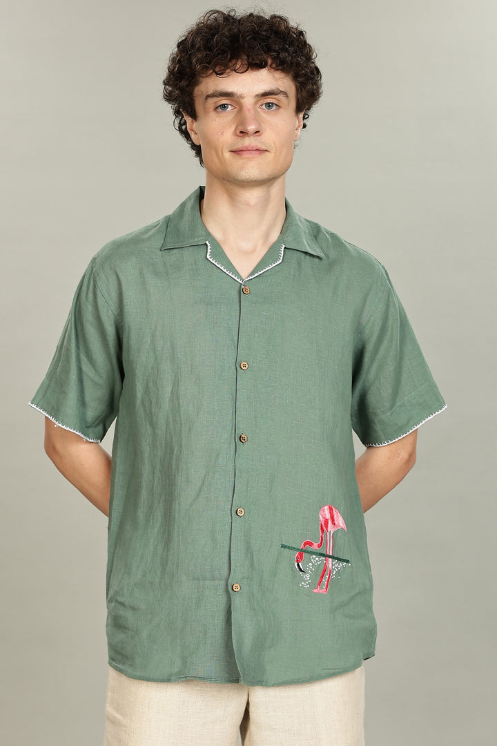 Handwork Green Linen Shirt - Pink Flamingo Embroidery - 100% Pure Linen - Men's Trending Fashion | CraftedLinen