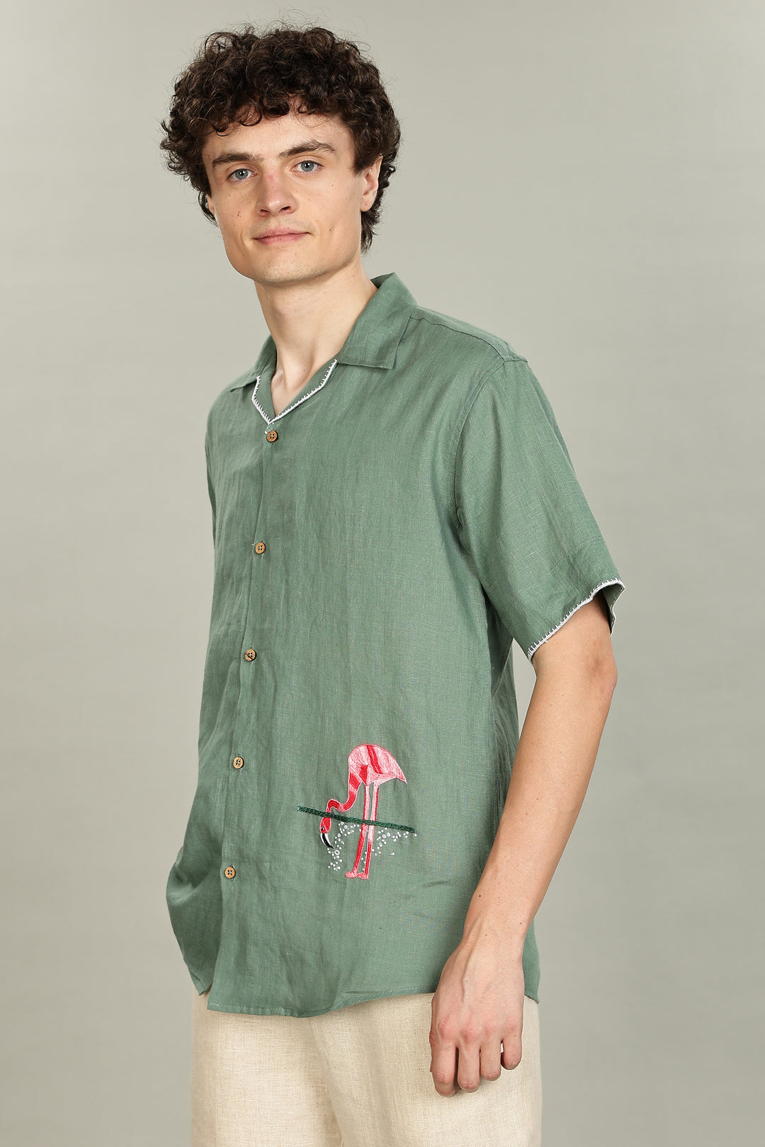 Handwork Green Linen Shirt - Pink Flamingo Embroidery - 100% Pure Linen - Men's Trending Fashion | CraftedLinen