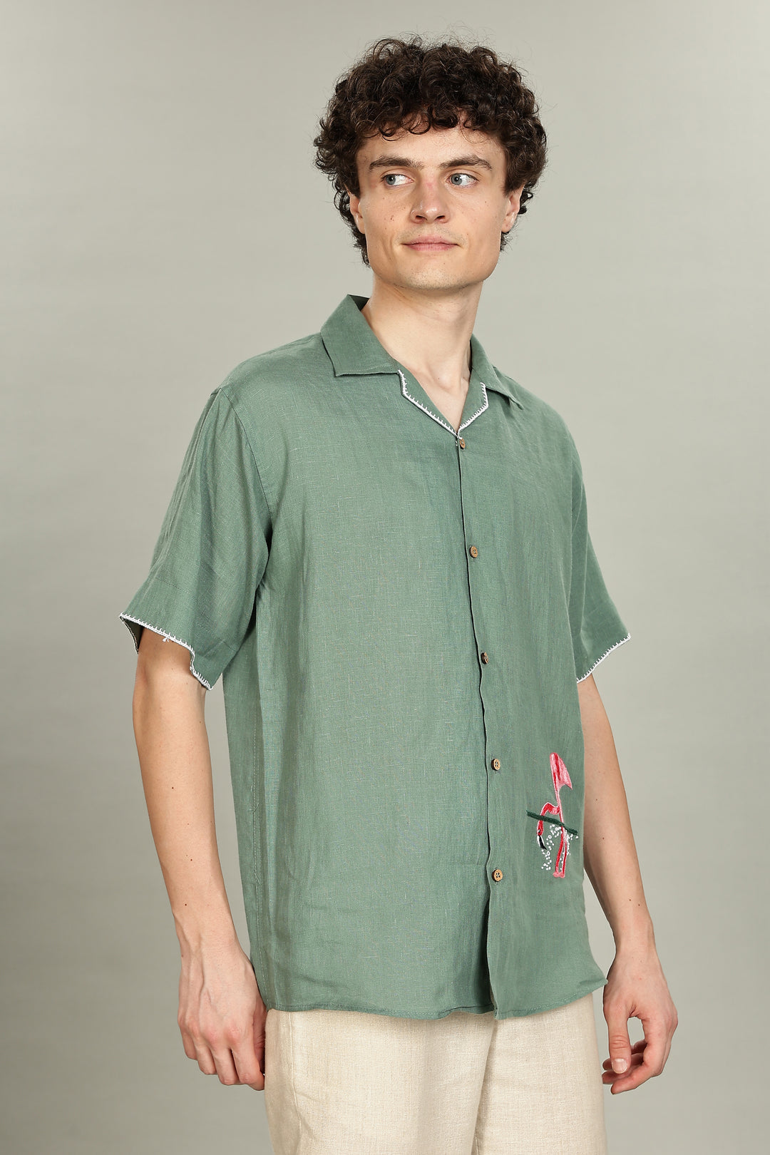 Handwork Green Linen Shirt - Pink Flamingo Embroidery - 100% Pure Linen - Men's Trending Fashion | CraftedLinen