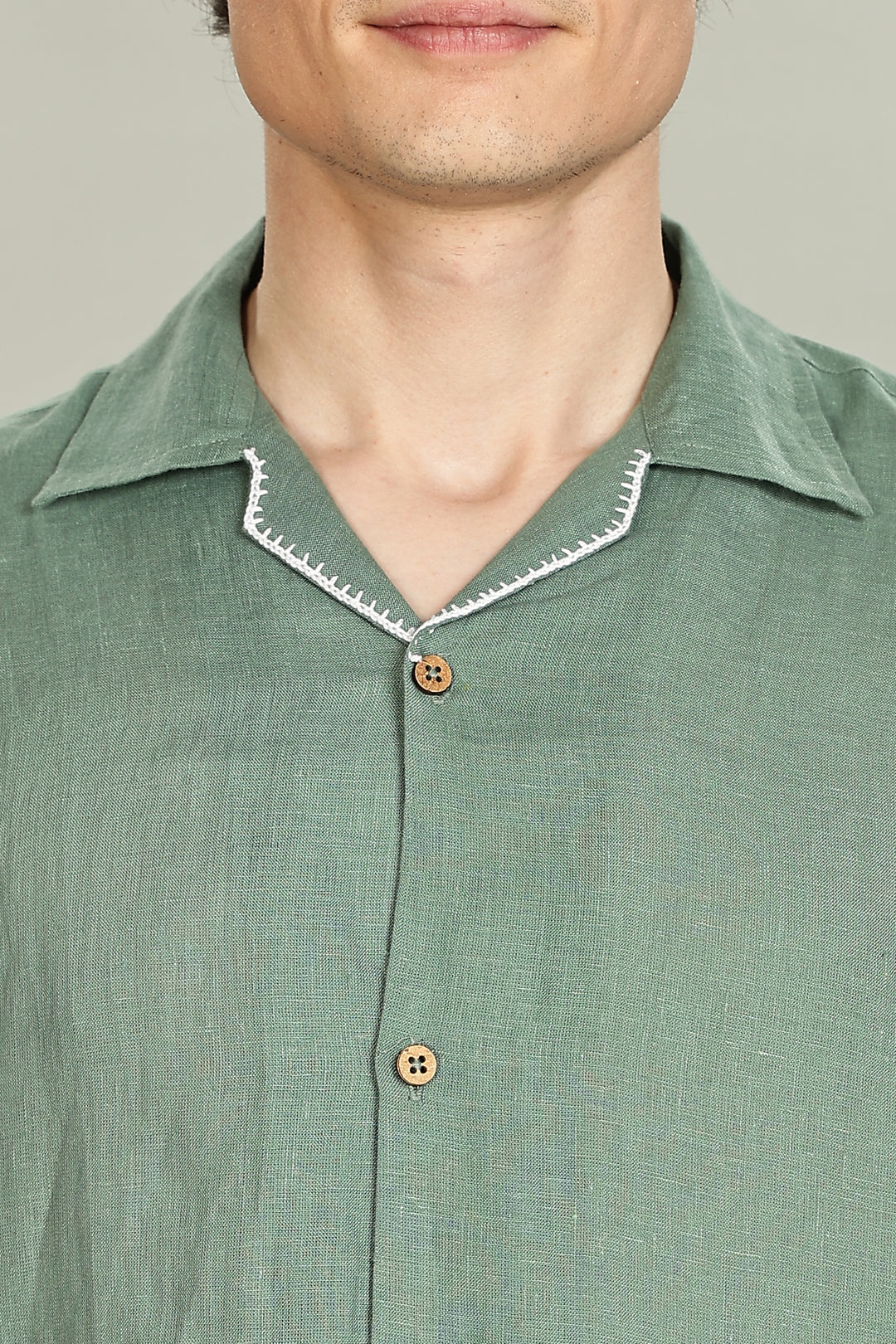 Handwork Green Linen Shirt - Pink Flamingo Embroidery - 100% Pure Linen - Men's Trending Fashion | CraftedLinen