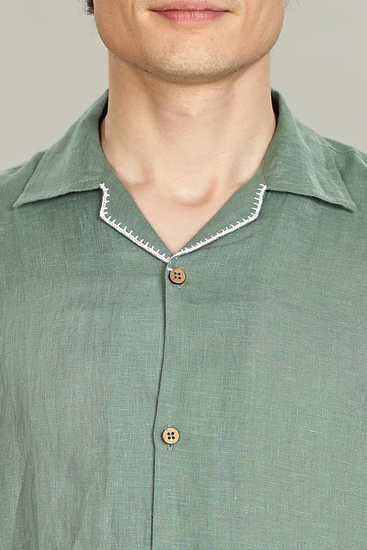 Handwork Green Linen Shirt - Pink Flamingo Embroidery - 100% Pure Linen - Men's Trending Fashion | CraftedLinen