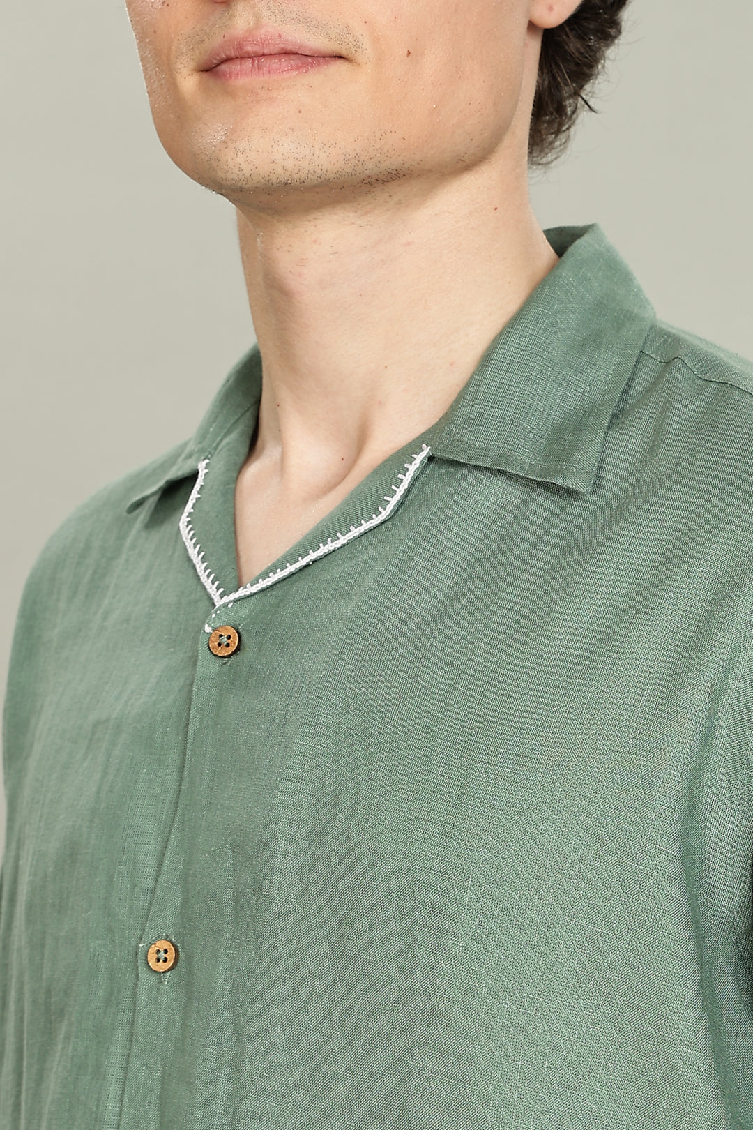 Handwork Green Linen Shirt - Pink Flamingo Embroidery - 100% Pure Linen - Men's Trending Fashion | CraftedLinen