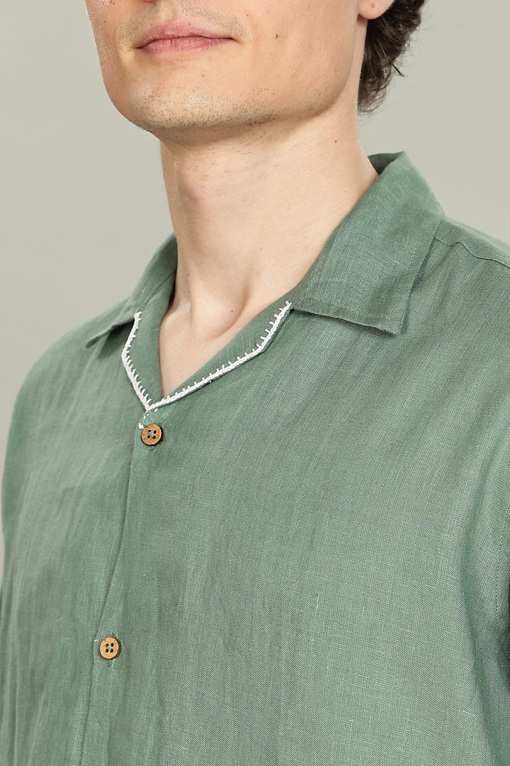 Handwork Green Linen Shirt - Pink Flamingo Embroidery - 100% Pure Linen - Men's Trending Fashion | CraftedLinen