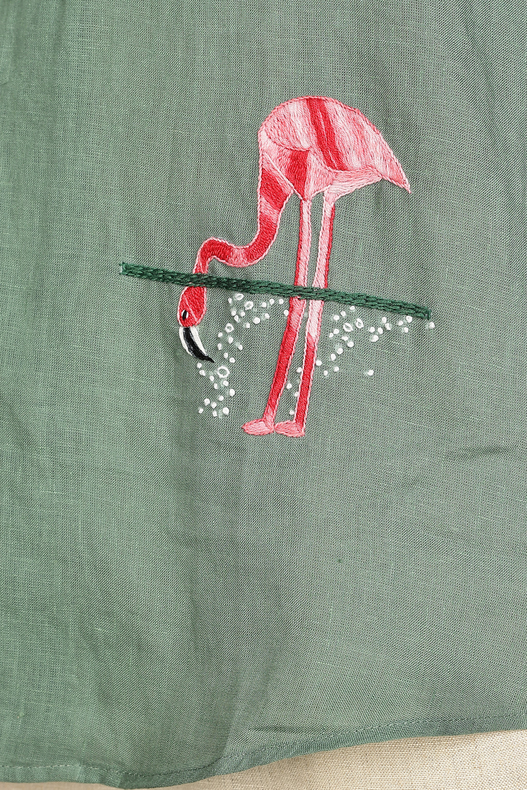 Handwork Green Linen Shirt - Pink Flamingo Embroidery - 100% Pure Linen - Men's Trending Fashion | CraftedLinen
