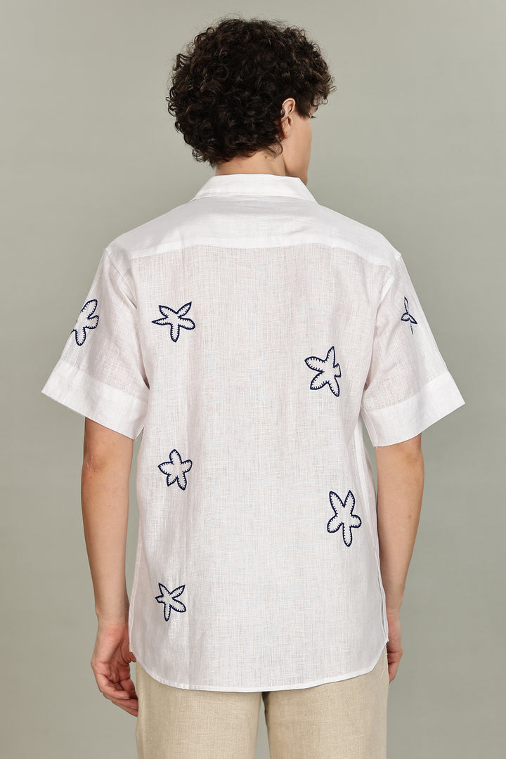 Starfish Linen Shirt – 100% Pure Linen - White Shirt with Navy Floral Embroidery - Men’s Coastal Summer Style | CraftedLinen