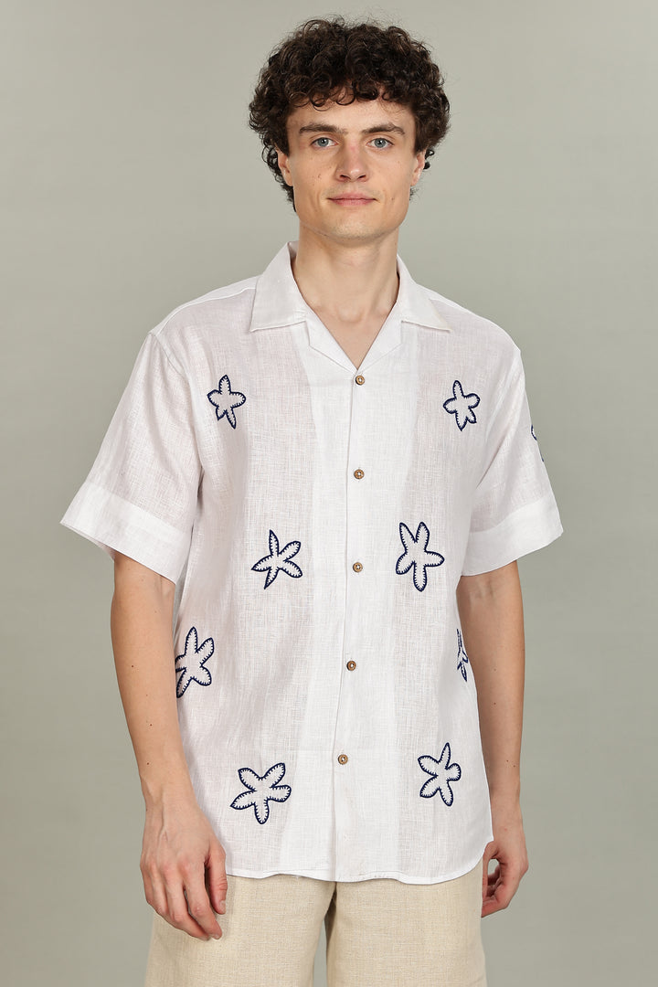 Starfish Linen Shirt – 100% Pure Linen - White Shirt with Navy Floral Embroidery - Men’s Coastal Summer Style | CraftedLinen