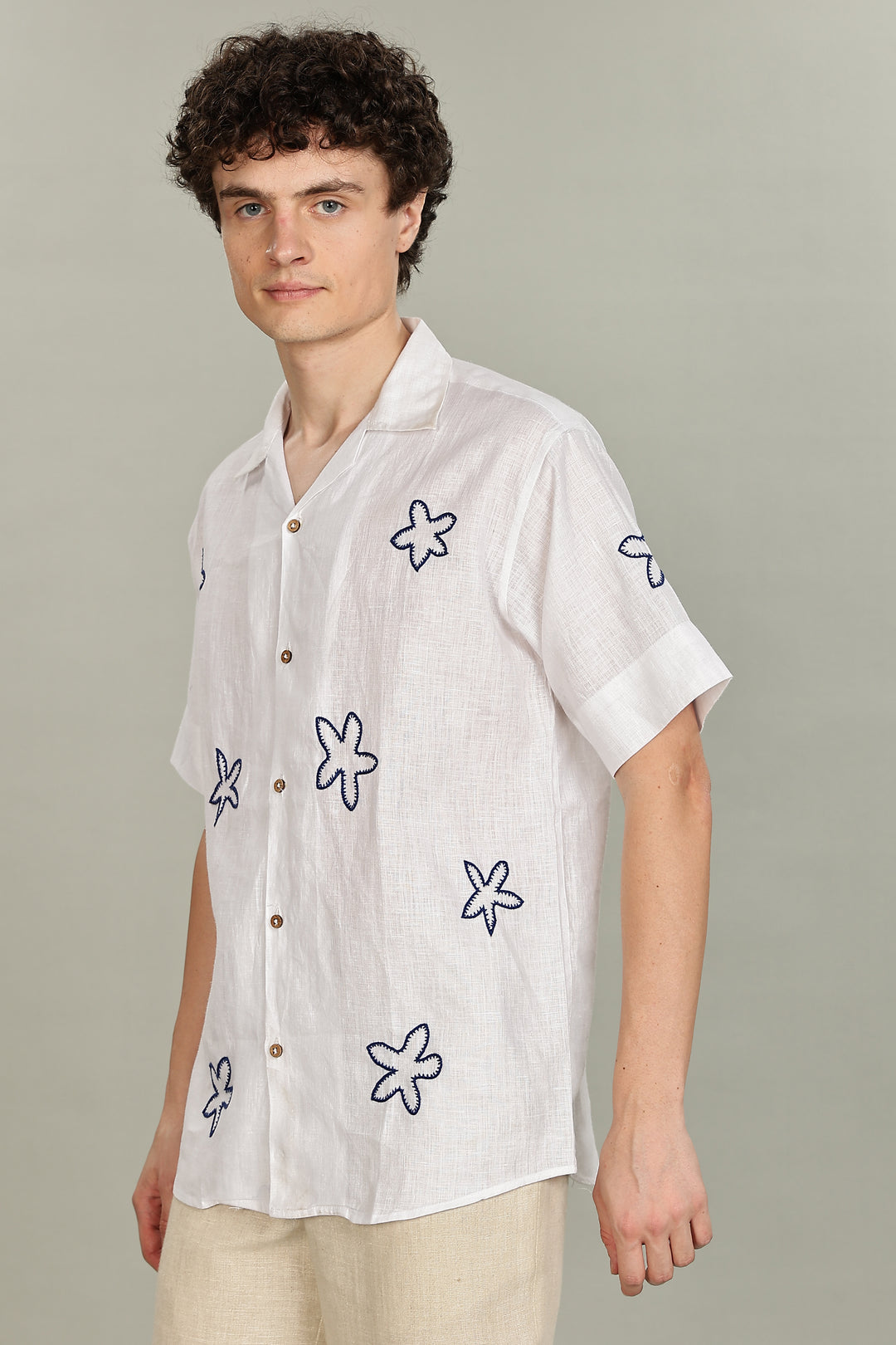 Starfish Linen Shirt – 100% Pure Linen - White Shirt with Navy Floral Embroidery - Men’s Coastal Summer Style | CraftedLinen
