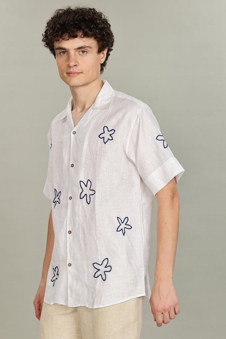 Starfish Linen Shirt – 100% Pure Linen - White Shirt with Navy Floral Embroidery - Men’s Coastal Summer Style | CraftedLinen