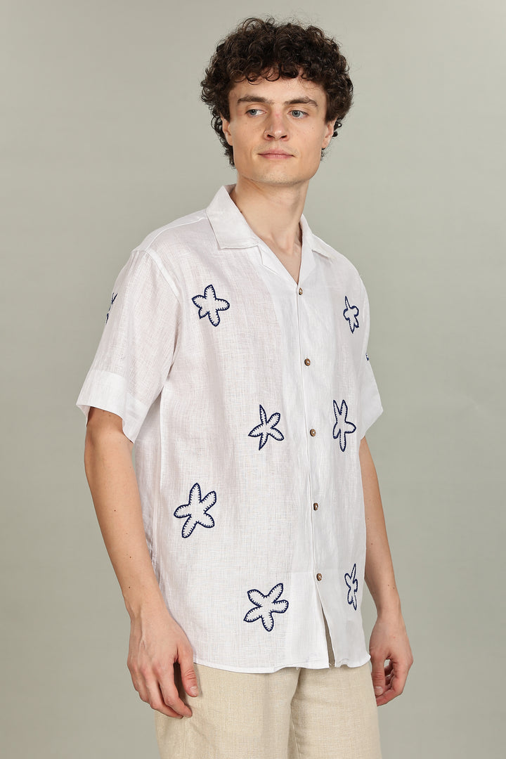 Starfish Linen Shirt – 100% Pure Linen - White Shirt with Navy Floral Embroidery - Men’s Coastal Summer Style | CraftedLinen